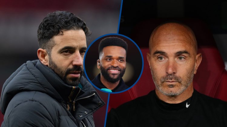 Split image - Manchester United manager Ruben Amorim at game and Chelsea manager Enzo Maresca sitting in dugout, inset Darren Bent holding microphone