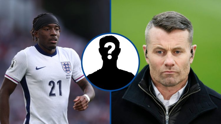 Noni Madueke kitted out for England (left) and former goalkeeper Shay Given working as a pundit (right). Mystery overlay (centre).