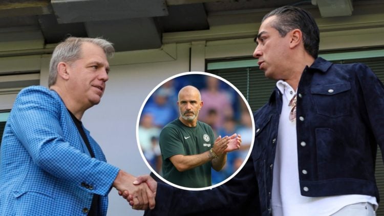 Todd Boehly and Behdad Eghbali shake hands before Chelsea against Crystal Palace in the Premier League. Inset, Enzo Maresca applauds during the pre...