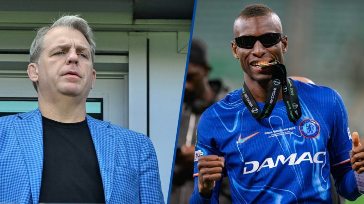 Split image - Todd Boehly looks on during Chelsea v Crystal Palace and Nicolas Jackson of Chelsea celebrating with gold medal