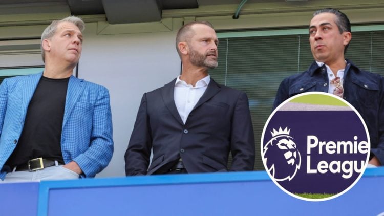 Todd Boehly, Paul Winstanley and Behdad Eghbali watching Chelsea against Crystal Palace in the Premier League. Inset, the Premier League logo at th...