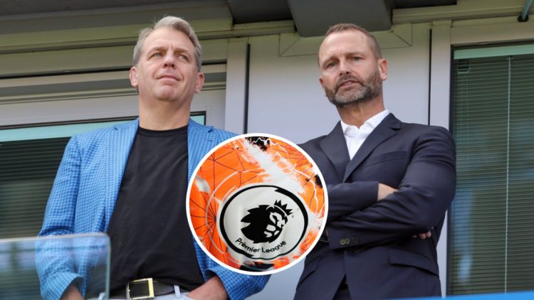 Todd Boehly and Paul Winstanley during Chelsea and Crystal Palace at Stamford Bridge. Inset, The Premier League logo on the 2023/24 football.