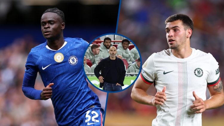 Split image - Chelsea winger Tyrique George during Fulham clash and Marc Guiu at Club World Cup, inset Enzo Maresca on touchline
