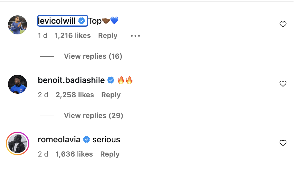Levi Colwill, Benoit Badiashile and Romeo Lavia respond to Josh Acheampong on Instagram.