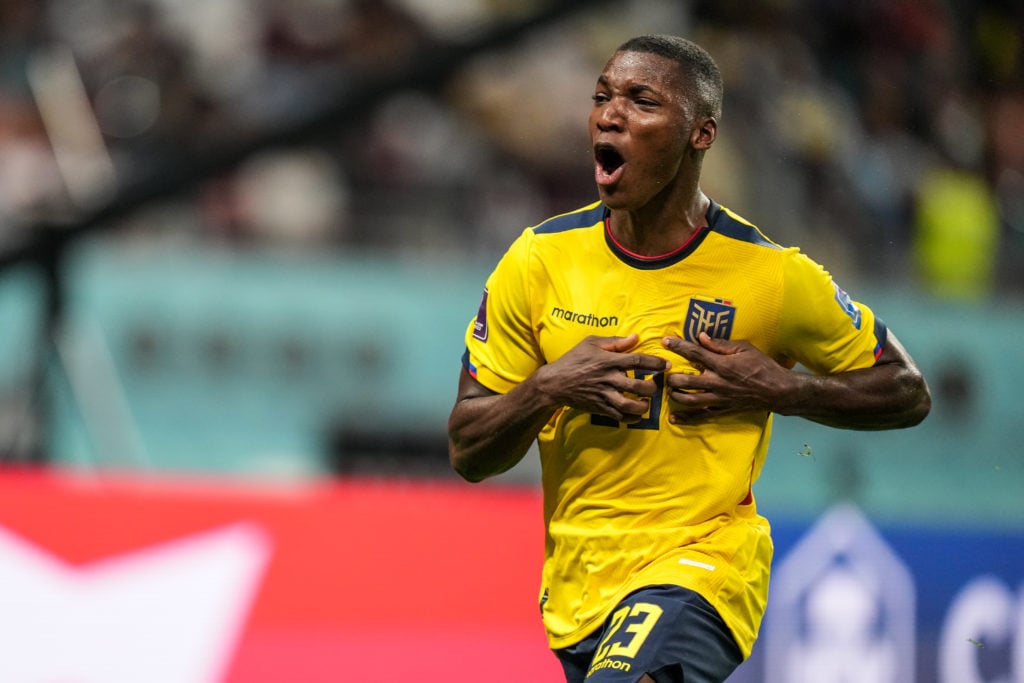 Moises Caicedo celebrates scoring for Ecuador against Senegal at the 2022 World Cup.