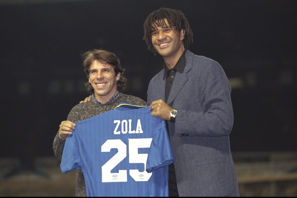 helsea new signing Gianfranco Zola meets the press with manager Ruud Gullit (right) at Stamford Bridge