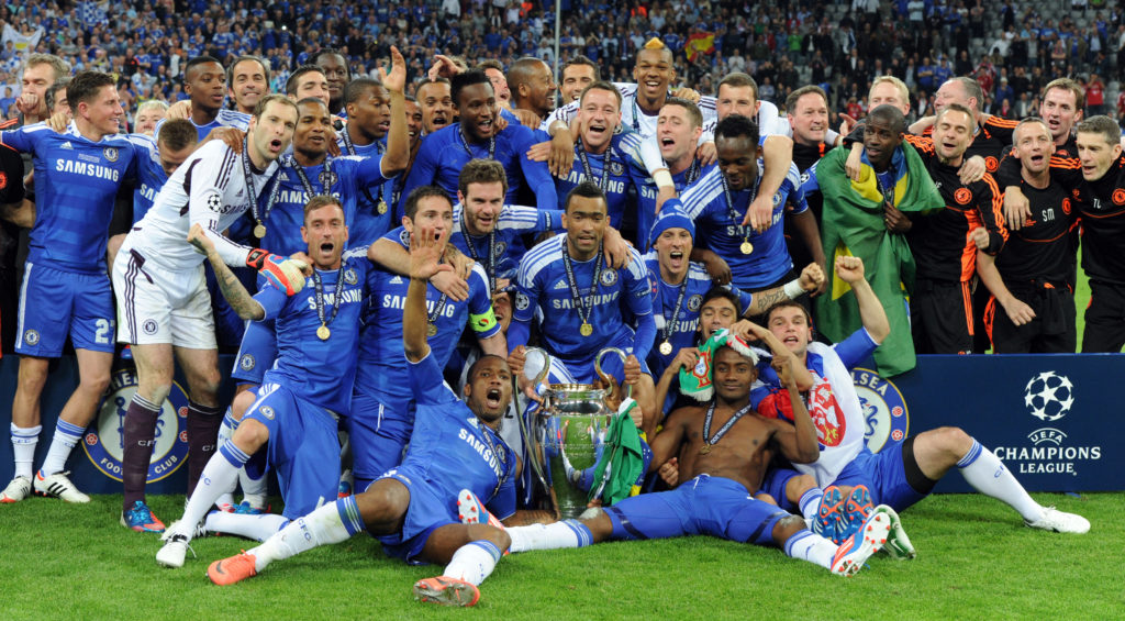 Chelsea players celebrate after the 2012 Champions League final