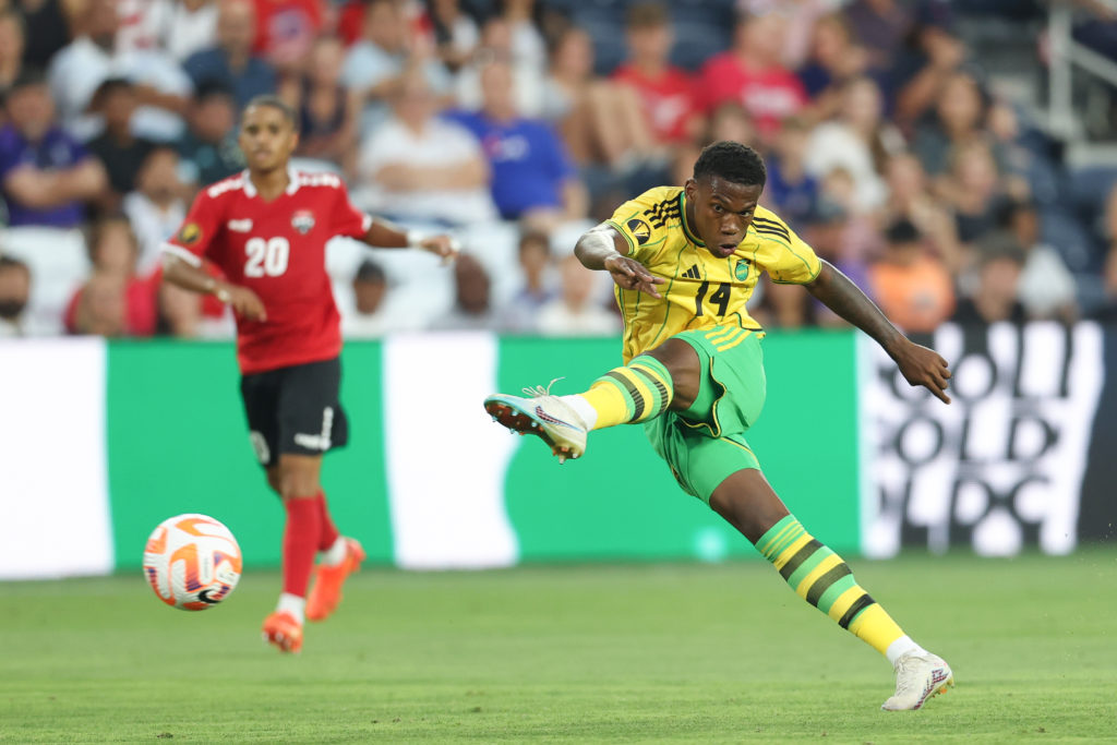 Dujuan Richards shooting for Jamaica against Trinidad and Tobago.