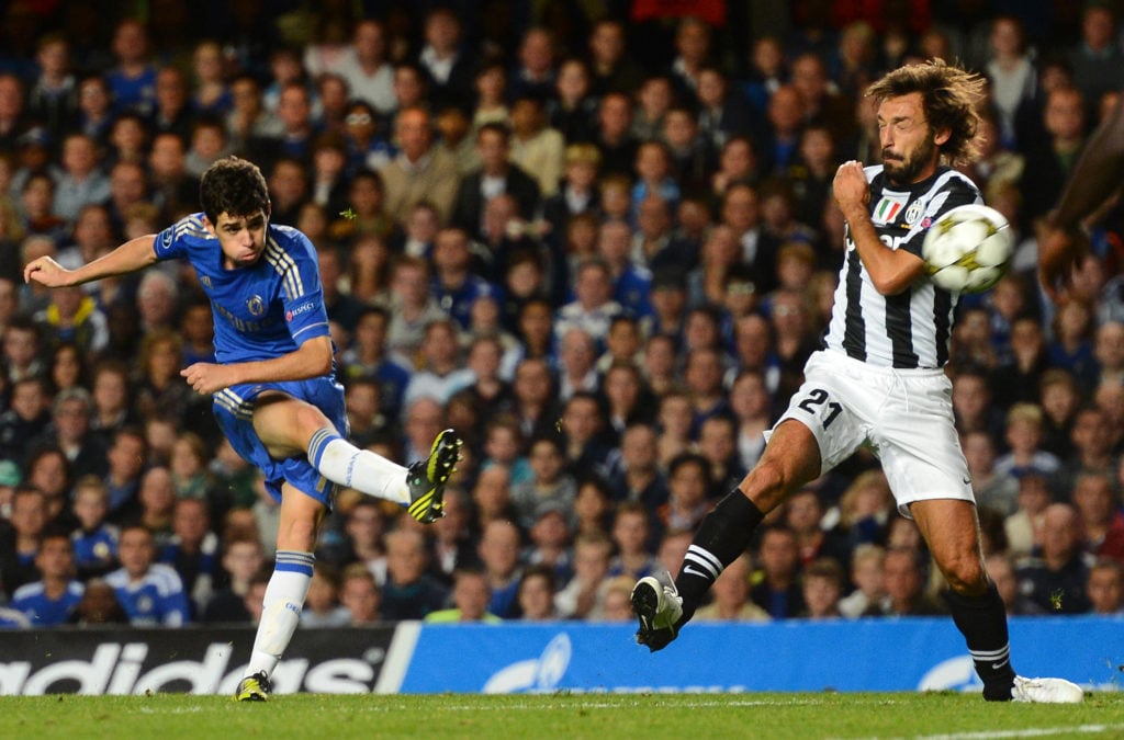 Oscar shooting to score for Chelsea against Juventus in the Champions League.