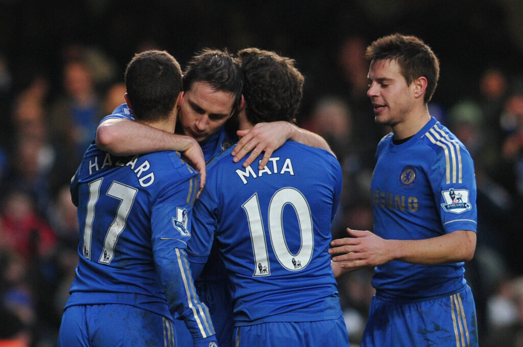 Chelsea trio Frank Lampard, Juan Mata and Eden Hazard hugging