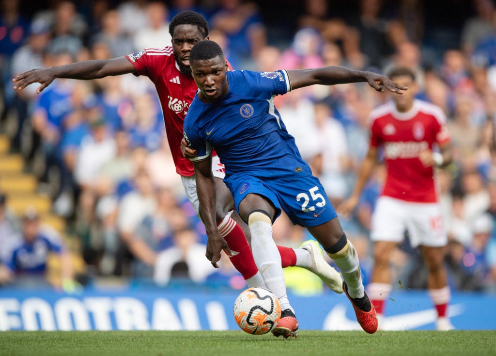 Moises Caicedo battles for possession during Chelsea FC v Nottingham Forest - Premier League