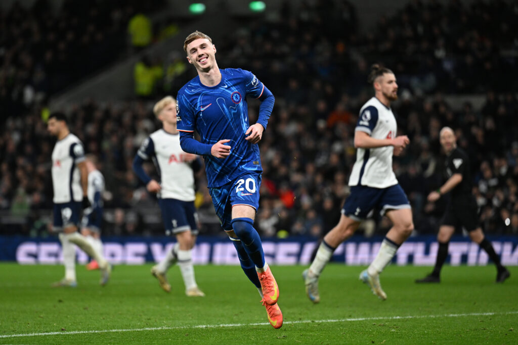 Cole Palmer celebrates scoring for Chelsea against Tottenham in the Premier League.