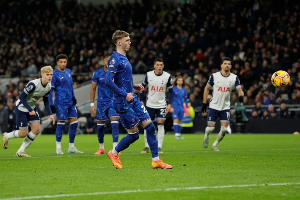 Cole Palmer scores a Panenka style penalty for Chelsea against Tottenham in the Premier League.