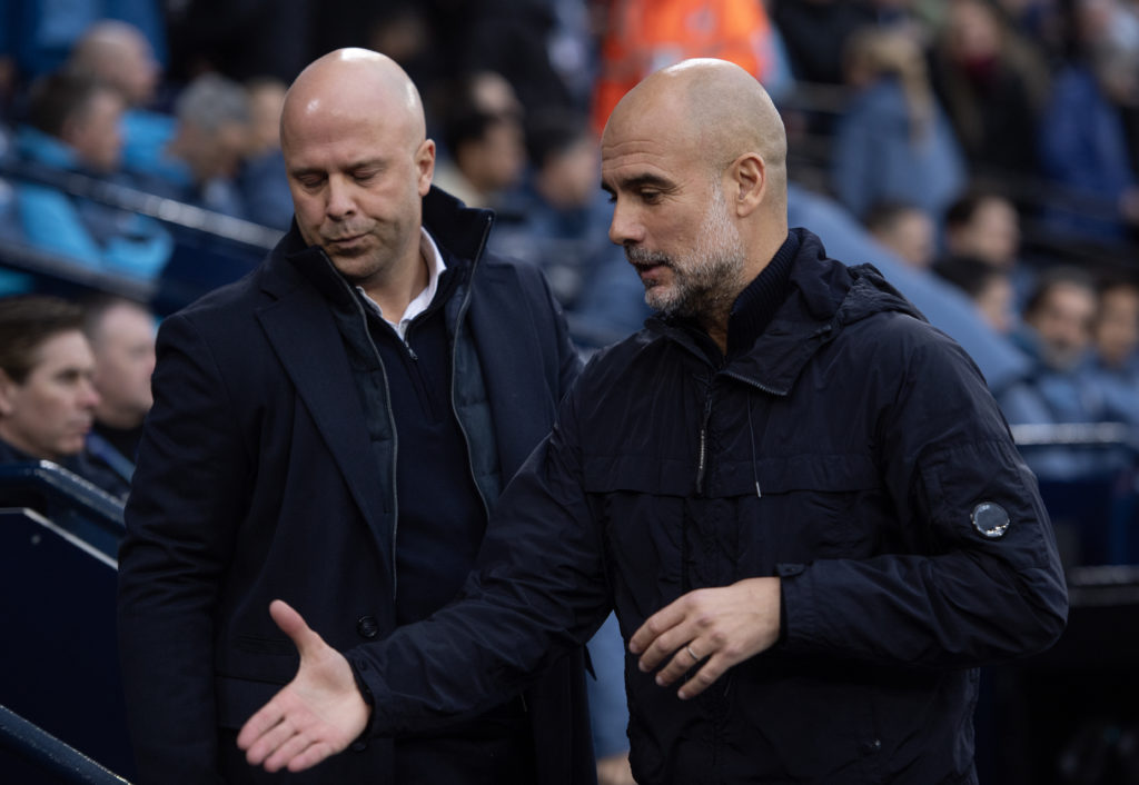 Manchester City manager Pep Guardiola greets Liverpool manager Arne Slot before the Premier League match between Manchester City FC and Liverpool FC