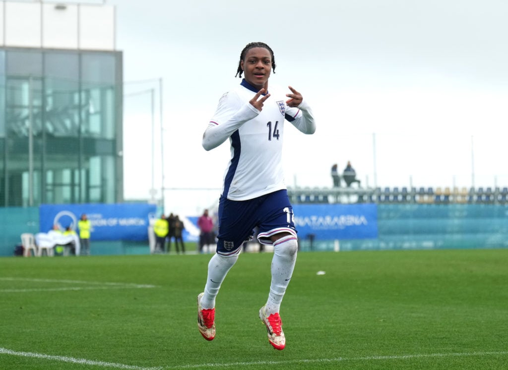 Jashayde Greenwood celebrates scoring England v Denmark - UEFA Men's U16 Development Tournament