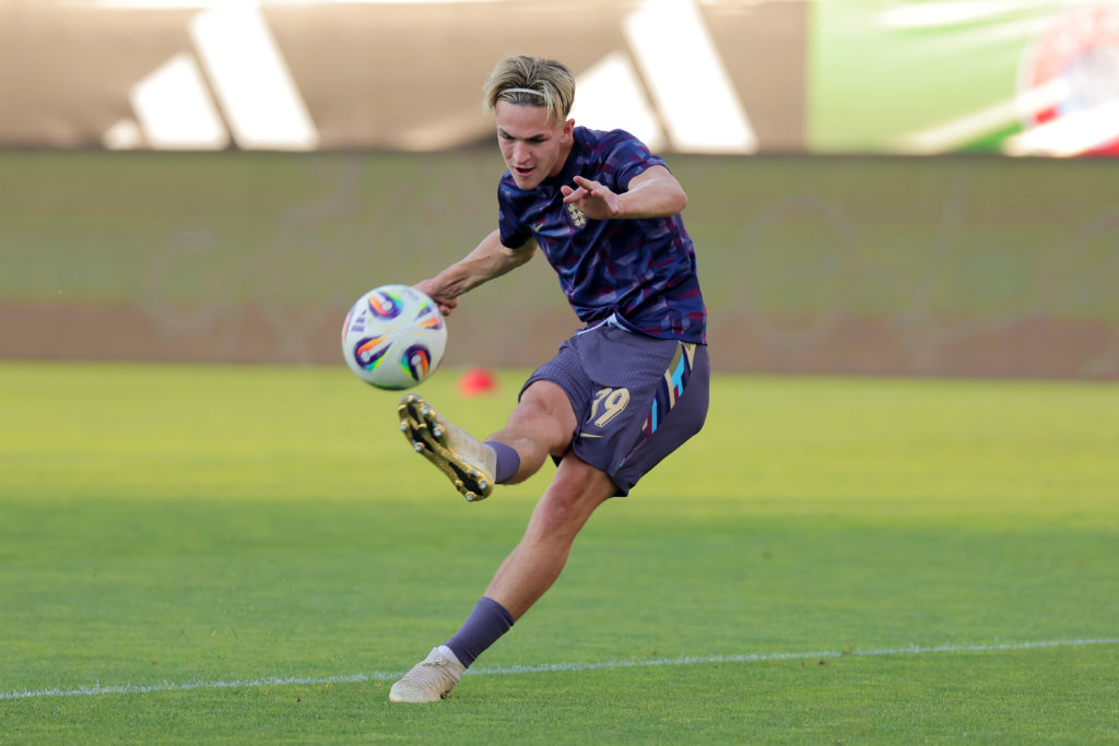 Jesse Derry warms up for England ahead of the game against Germany in the European Under-19 Championship.