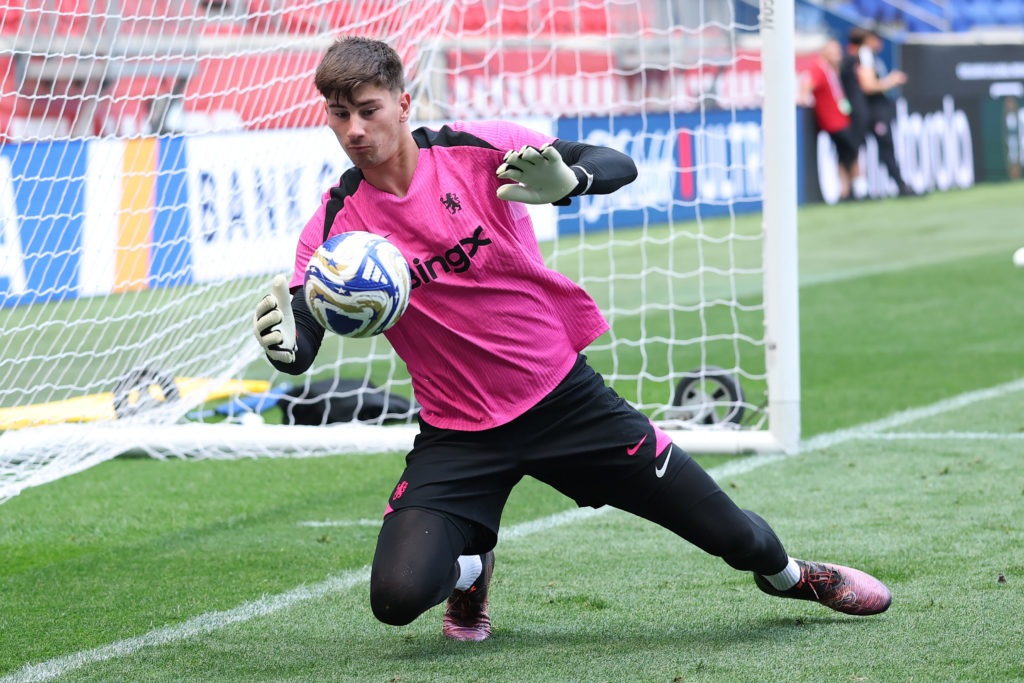 Chelsea goalkeeper makes a save during a training session before the Club World Cup final against Paris Saint-Germain.