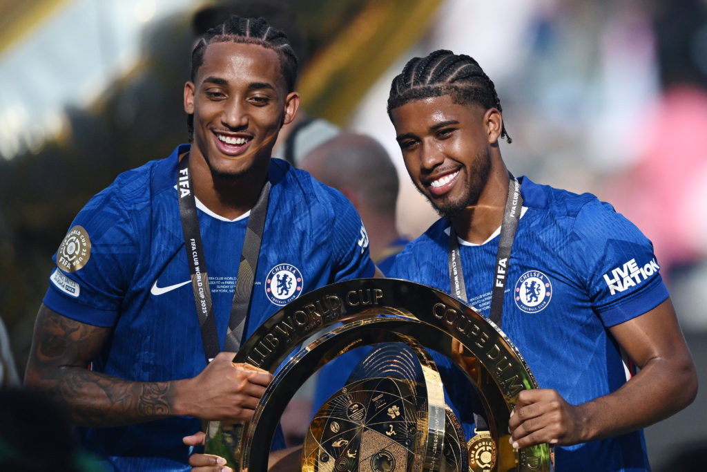 Andrey Santos and Joao Pedro celebrate after Chelsea beat Paris Saint-Germain to win the Club World Cup.
