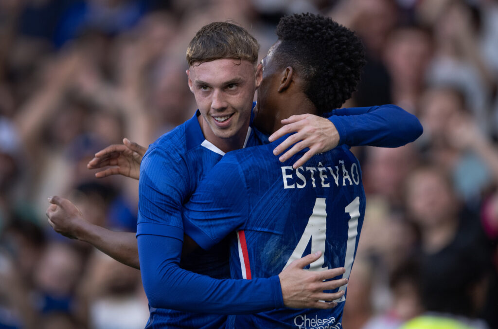 Cole Palmer and Estevao Willian celebrate a goal for Chelsea