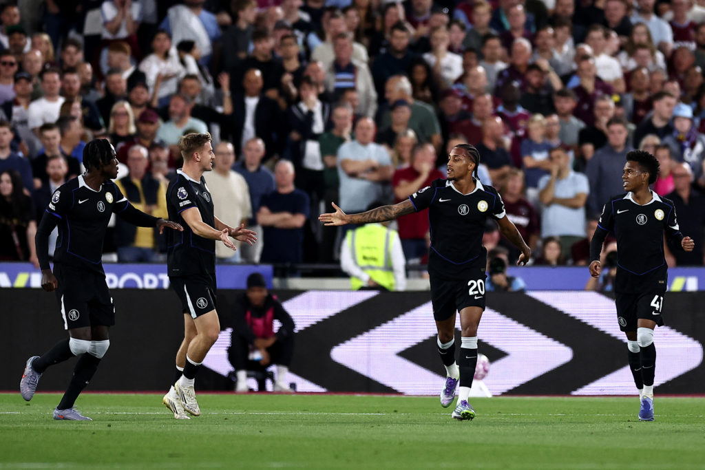 Joao Pedro celebrates with his Chelsea teammates scoring against West Ham in the Premier League.