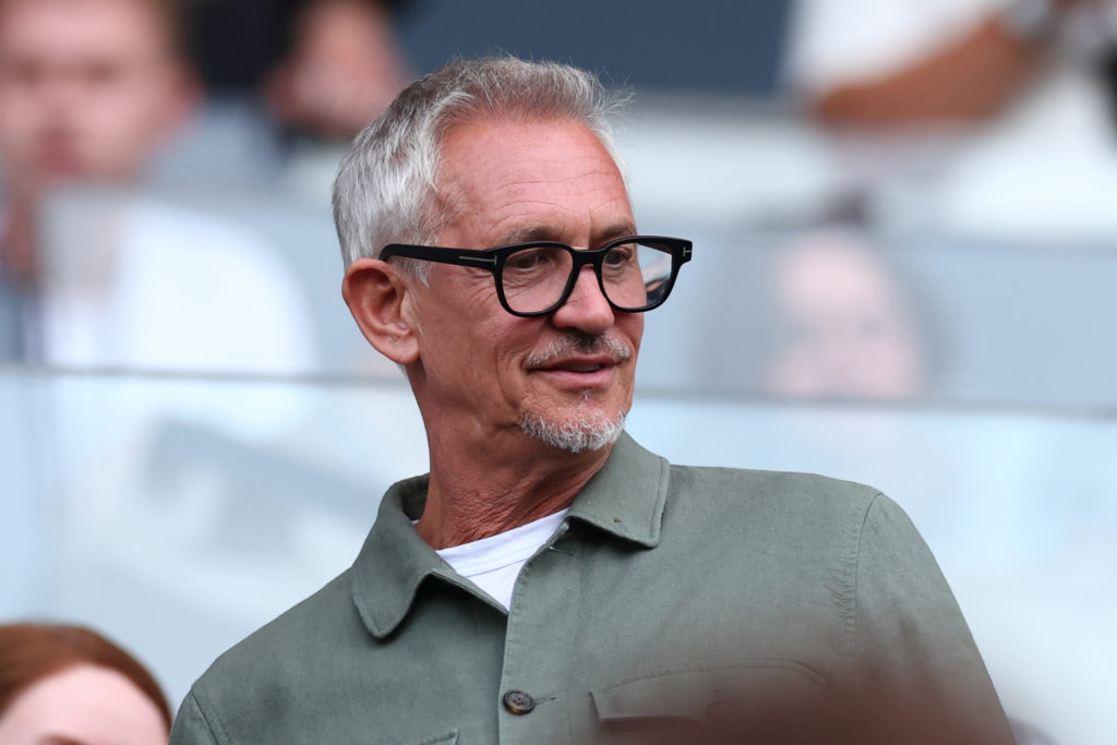 Gary Lineker attends a Premier League match between Fulham and Manchester United.