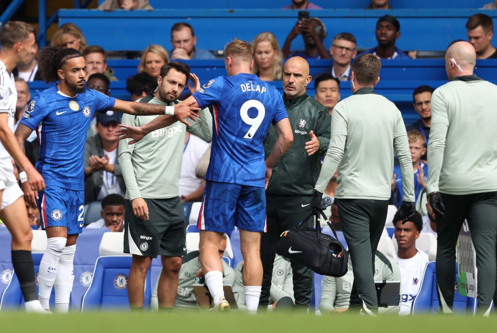 Liam Delap forced off with an injury during Chelsea against Fulham in the Premier League.