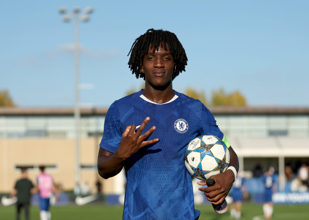Shumaira Mheuka poses after scoring a hat-trick for Chelsea in the UEFA Youth League.