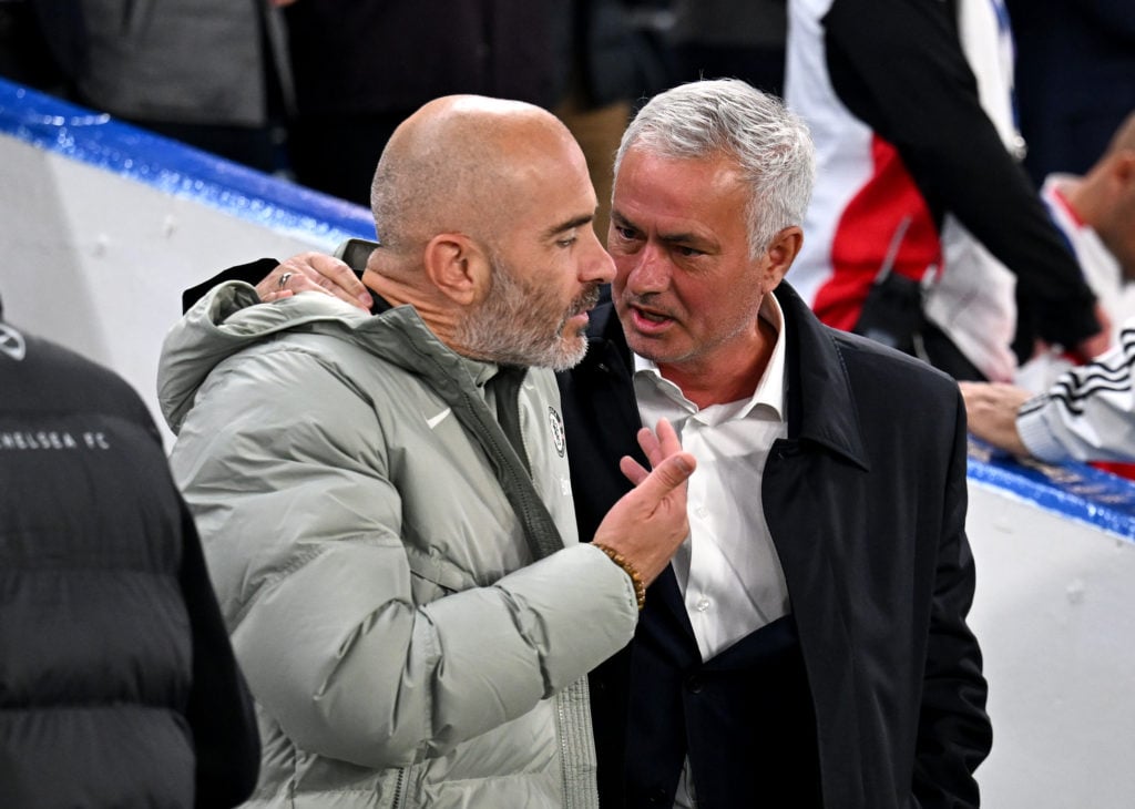 Chelsea manager Enzo Maresca and Benfica manager Jose Mourinho talking