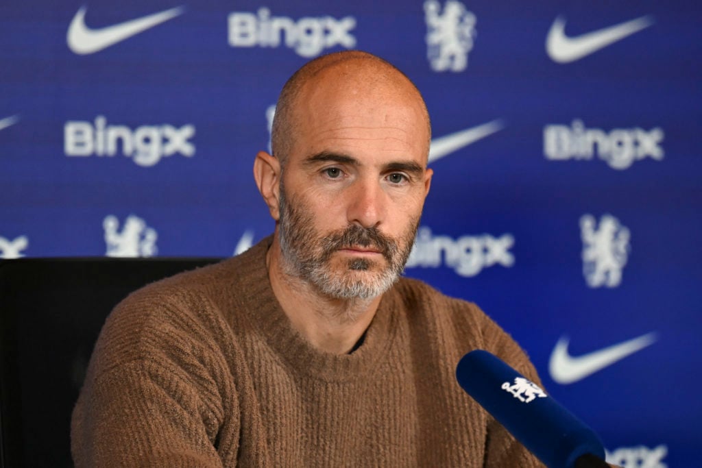 Enzo Maresca holding a press conference at Chelsea's training ground.