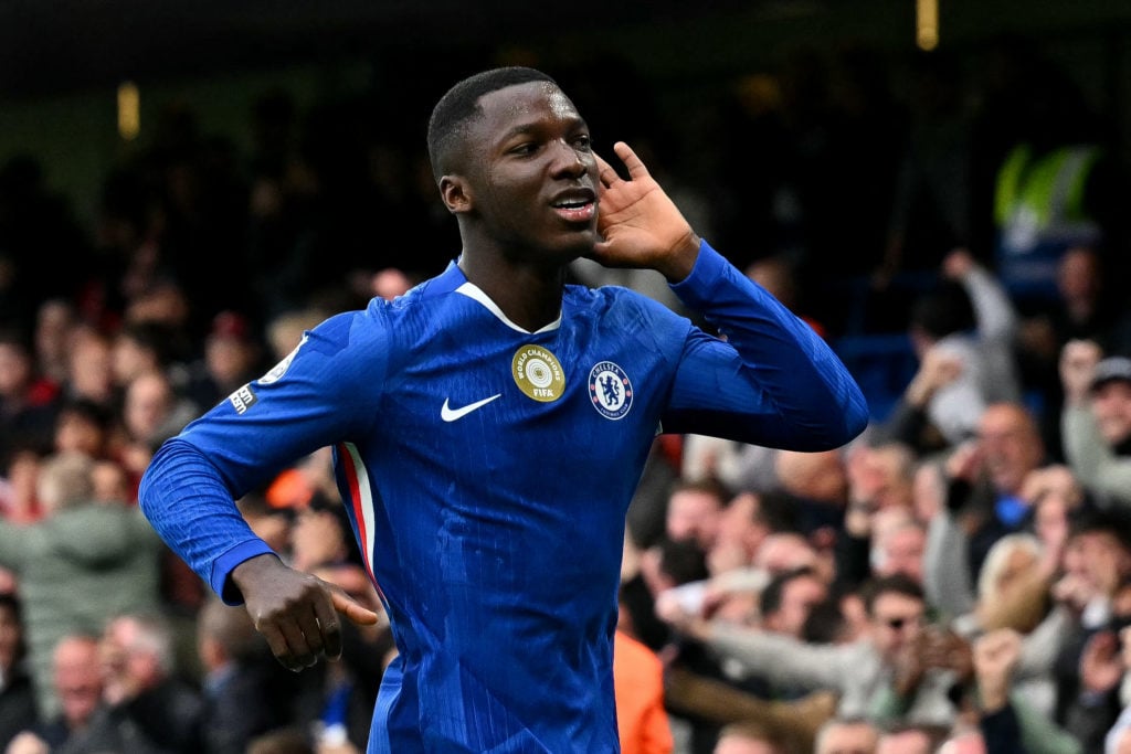 Moises Caicedo celebrates scoring for Chelsea against Liverpool in the Premier League.