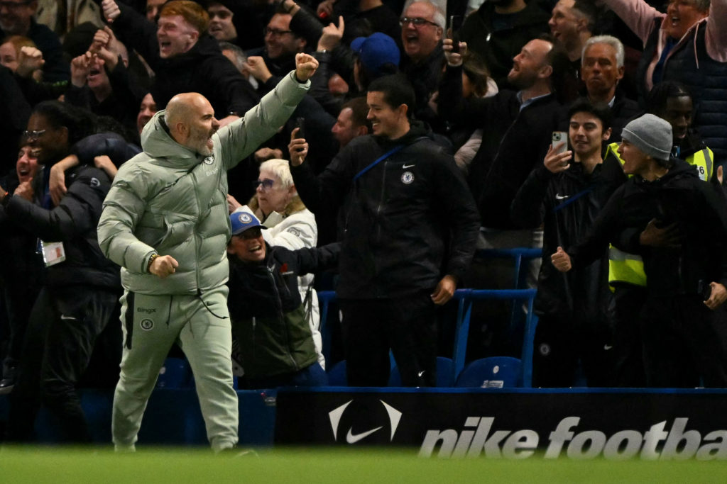 Enzo Maresca celebrates a goal during Chelsea vs Liverpool