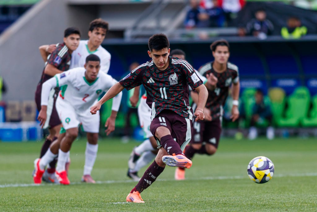 Gilberto Mora scores a penalty during Mexico v Morocco: Group C - FIFA U-20 World Cup Chile 2025