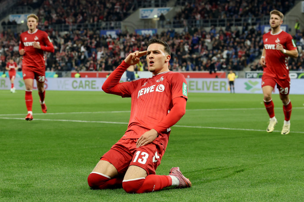 Said El Mala of 1.FC Koln celebrates scoring his team's first goal during the Bundesliga match between TSG Hoffenheim and 1. FC Köln