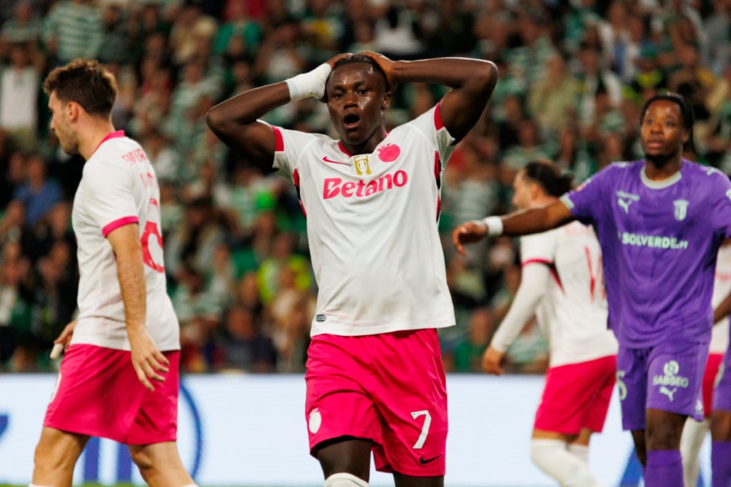 Geovany Quenda of Sporting CP reacts after missing chance