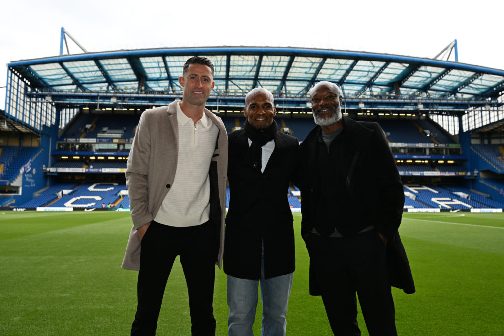 Former Chelsea stars Gary Cahill, Florent Malouda and William Gallas at Stamford Bridge.