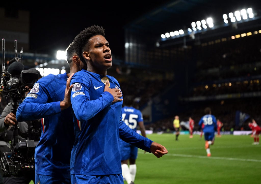 Estevao Willian celebrates scoring the winning goal for Chelsea against Liverpool in the Premier League.