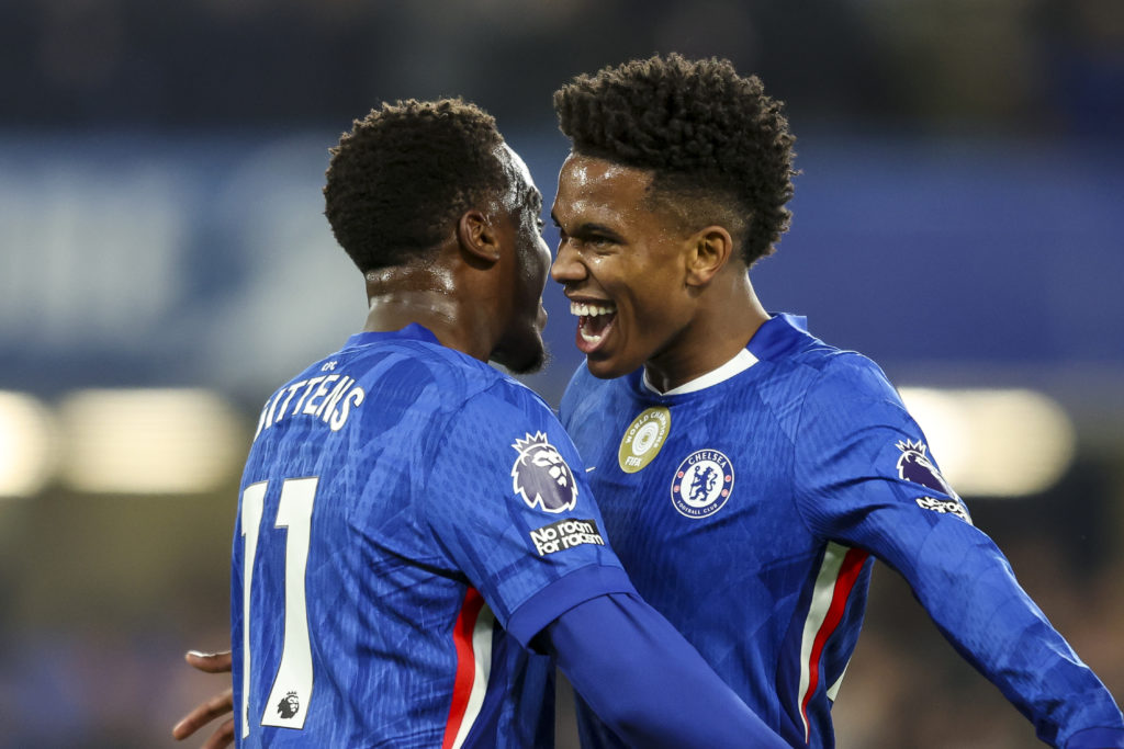 Chelsea wingers Jamie Gittens and Estevao Willian hugging