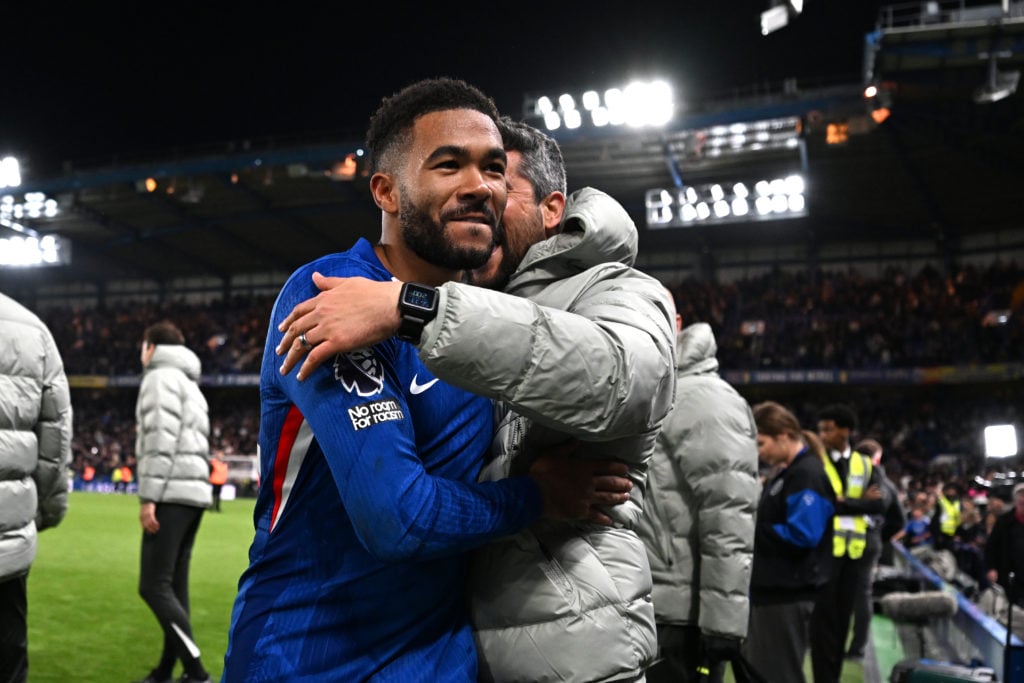 Reece James celebrates Chelsea beating Liverpool in the Premier League.