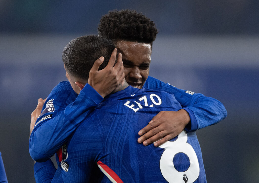 Chelsea teammates Estevao Willian and Enzo Fernandez hugging