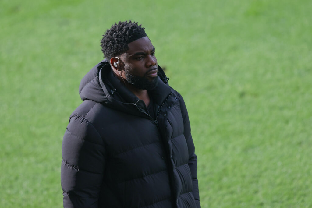 Micah Richards working as a pundit for the Premier League match between Brentford and Manchester City.