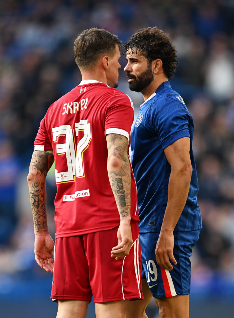 Martin Skrtel of Liverpool Legends and Diego Costa of Chelsea Legends square up