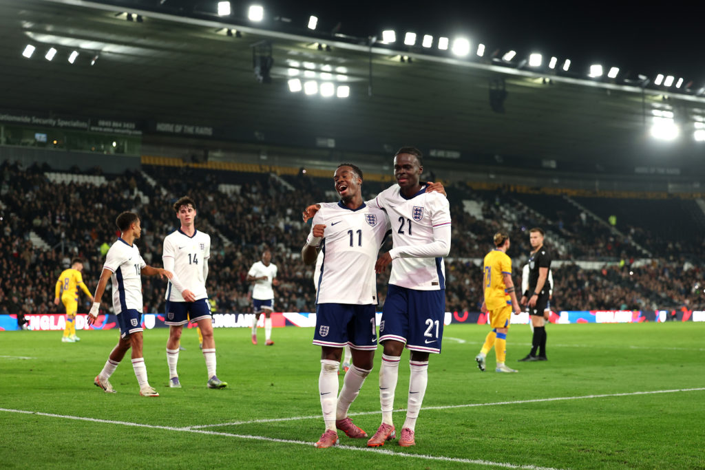 Tyrique George celebrates scoring with Jamie Gittens during England against Andorra in a qualifying match for the UEFA European Under-21 Championship.