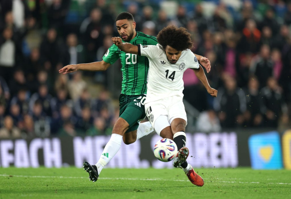 Karim Adeyemi battles for the ball during Northern Ireland v Germany - FIFA World Cup 2026 Qualifier