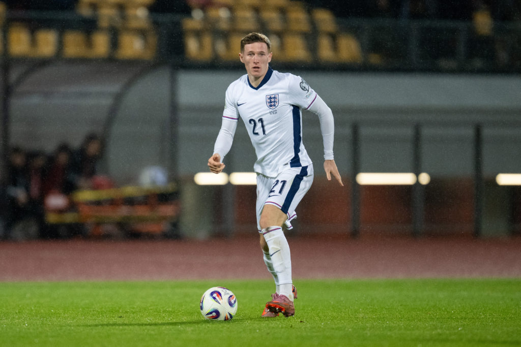 Elliot Anderson playing for England against Latvia in a World Cup qualifier.