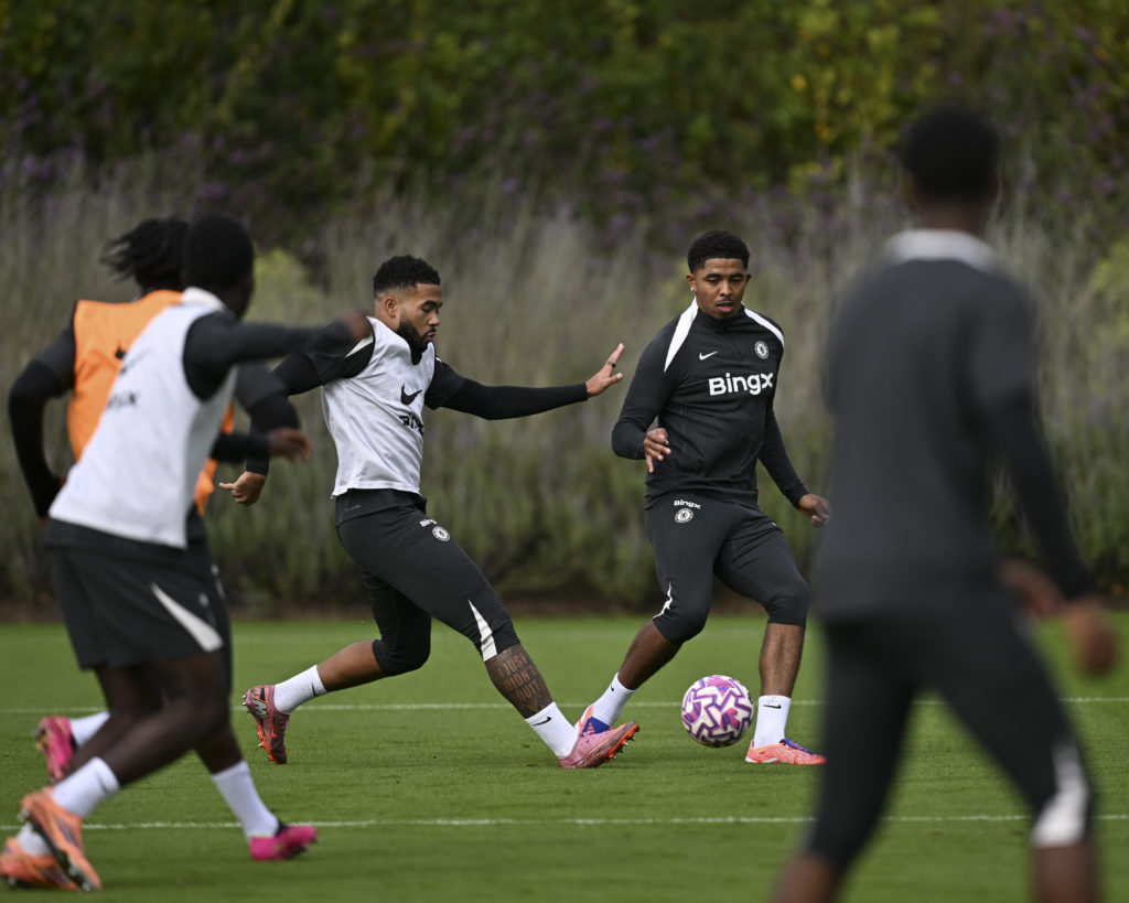Reece James and Wesley Fofana during a Chelsea training session at Cobham.