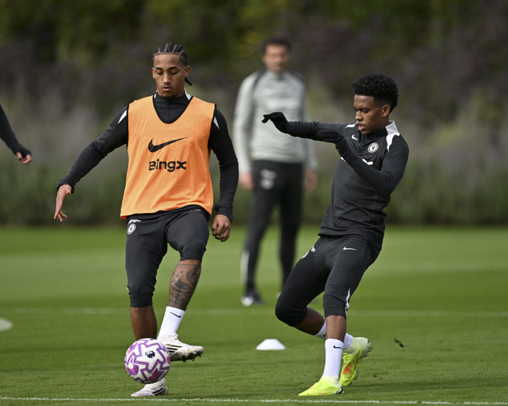 Joao Pedro and Estevao Willian during a Chelsea training session at Cobham.
