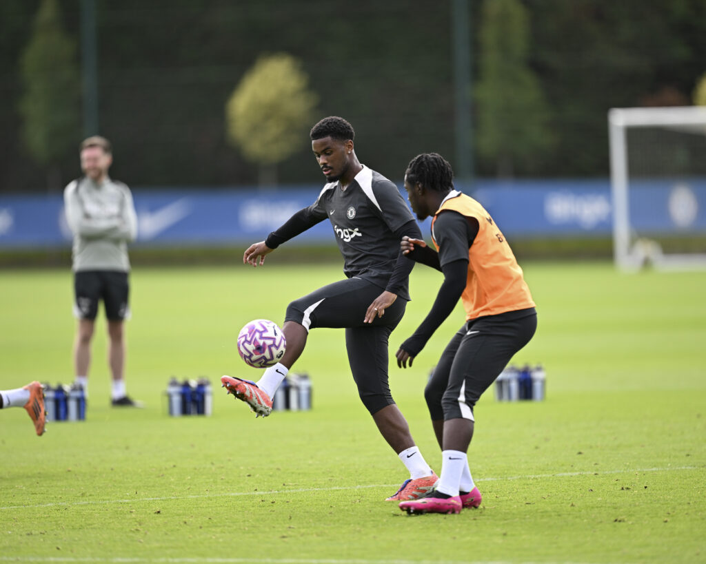 Chelsea's Jorrel Hato pictured in a training session at Cobham.