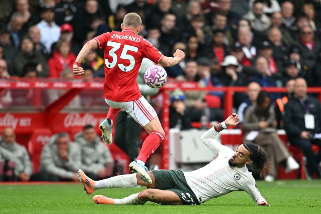 Malo Gusto tackles Oleksandr Zinchenko during Nottingham Forest vs Chelsea