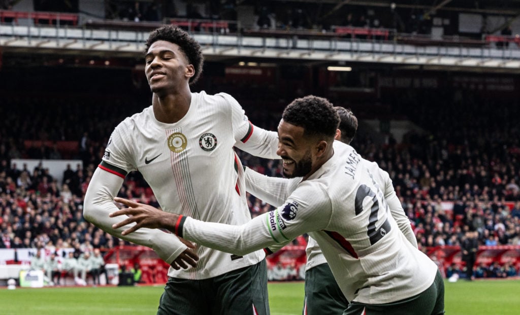 Josh Acheampong celebrates with Reece James after scoring for Chelsea against Nottingham Forest.