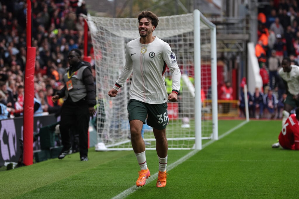 Marc Guiu of Chelsea celebrates after Josh Acheampong scores